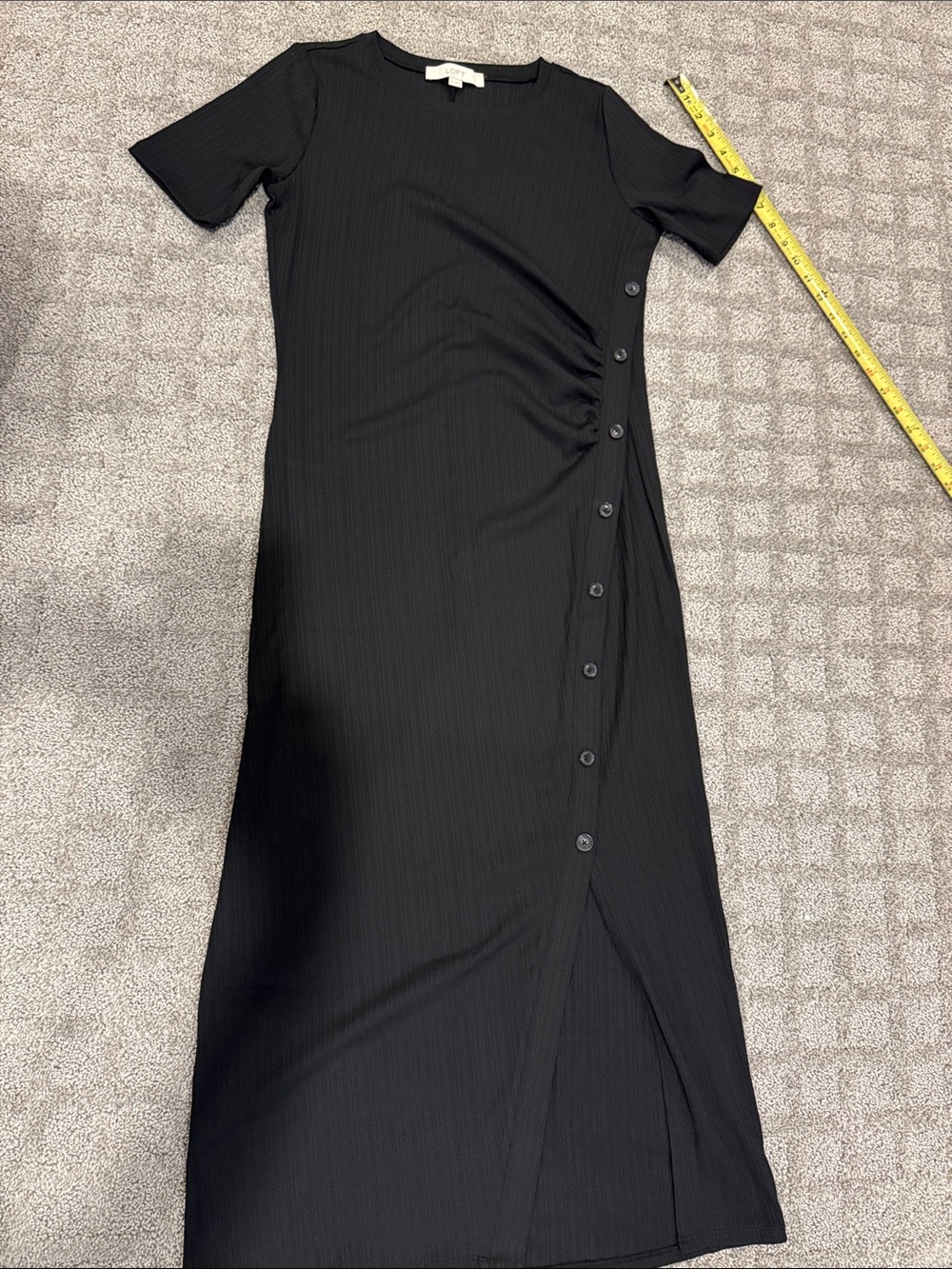 LOFT Black Short-Sleeve Ribbed Maxi Dress with Side Buttons